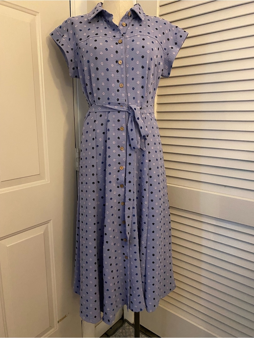 “Nina Leonard” Light Blue Polka Dot Shirt Dress with Tie Waist- Size S